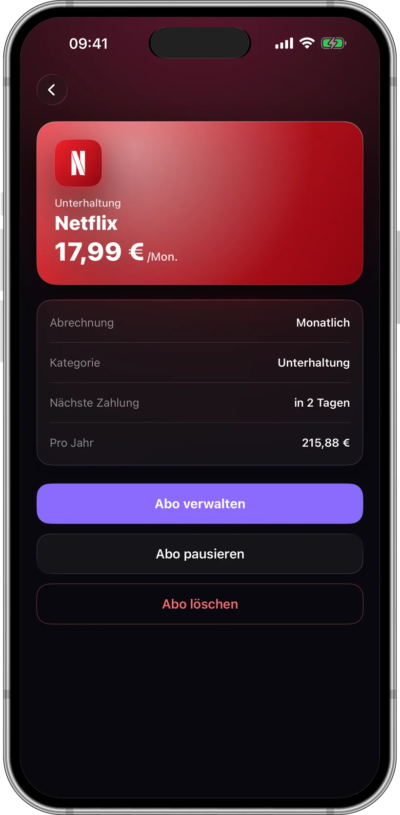Subvise — Abo-Details mit K&uuml;ndigungsfrist