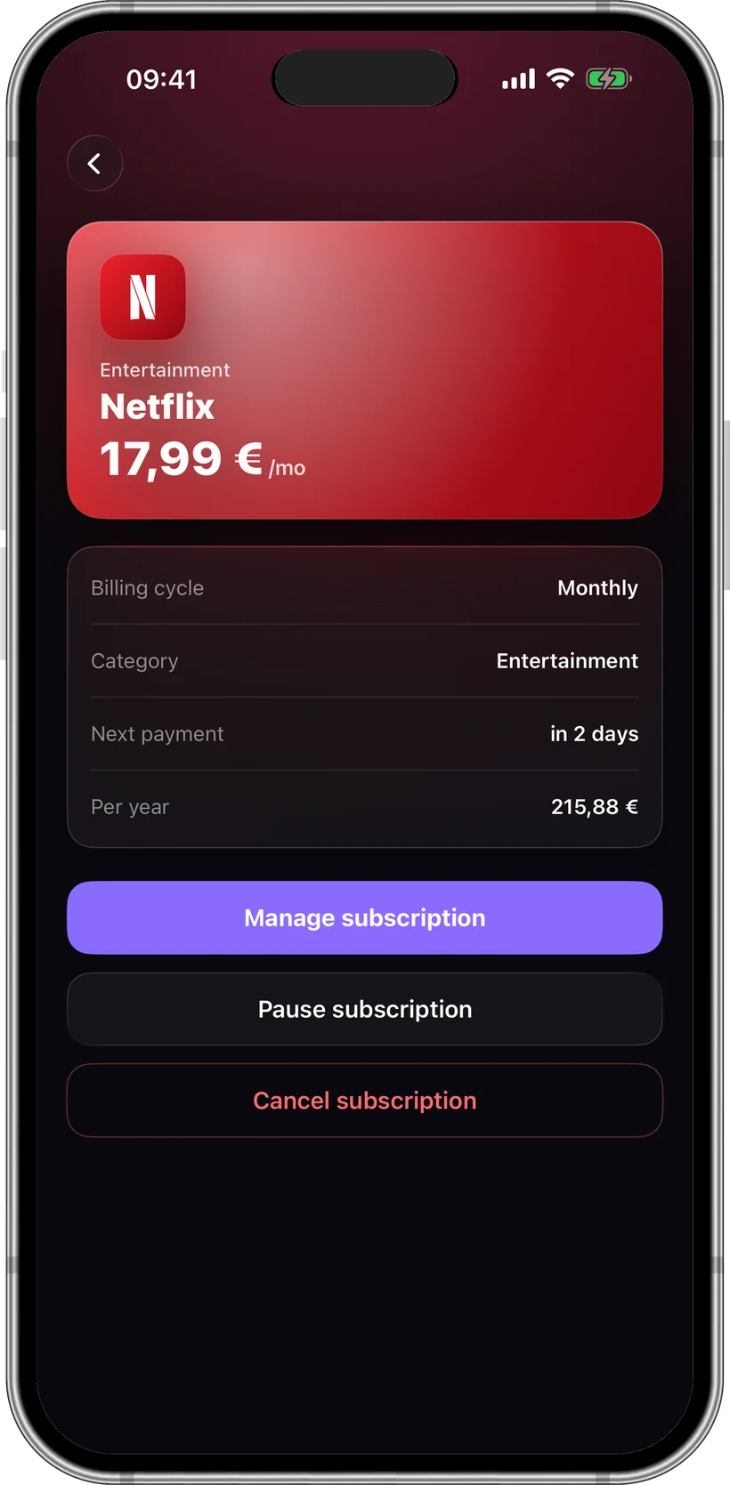 Subvise — subscription details with notice period